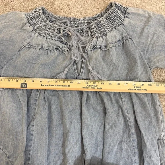 Free People One and Only Light Wash Denim Smocked Boho Midi Dress Large Cotton - Picture 6 of 10